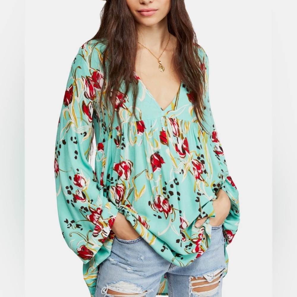 Free People Women's Green Floral Bella Printed Tunic Mini Dress Size XS NWT - Picture 1 of 9